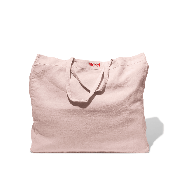 Pink beige washed linen tote bag